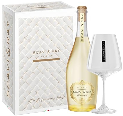 SCAVI & RAY Moscato Frizzante Geschenkset mit Glas 8,5% Vol. - 0,75l | Leichter Perlwein mit fruchtiger Süße und Designglas, edles Präsent für stilvolle Anlässe und zum Verschenken