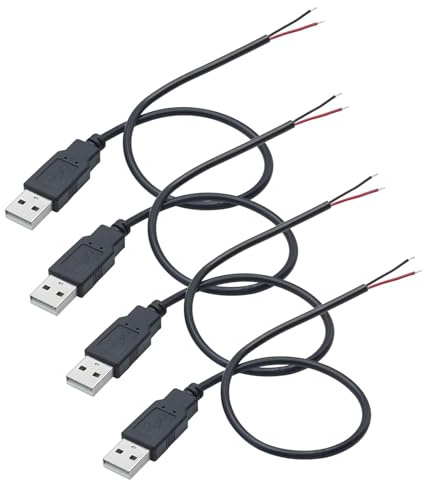 Leloco 4 Stück USB-A Pigtail-Kabel 30 cm, 22 AWG, 5 V 3 A, offenes Ende | USB-A-Stecker auf 2-adriges offenes Ende; für LED-Beleuchtung, Lüfter, Reparaturen und DIY-Projekte.