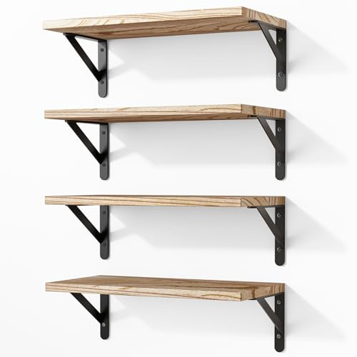 Fixwal Wall Floating Shelves for Decor (Light Brown, Set of 4, 16.5 Inch) | Wood Shelves, Natural Grain, 40Lb Capacity, Sturdy Triangle Brackets, Versatile for Any Room