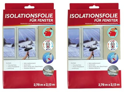 2x Isolationsfolie für Fenster Transparent je 2,79 x 2,13 m inkl. Klebeband Isolierfolie Wärmeschutz Fensterfolie Isofolie