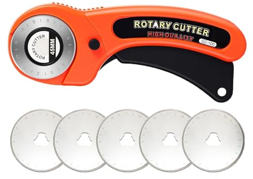 SHUOHONG Cutter Rotatif Couture 45mm, Kit de Couteau Roulette Couture avec 5 Lame de Rechange, Couteau à Roulettes professionnel, Tissu Cutter Safe Close Tambour Cutters pour Coudre Tissu Cuir Quiltin