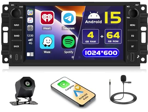 5G WiFi 4+64G Android Autoradio för Jeep Wrangler Compass Dodge Avenger Challenger Trådlös Carplay,7 Tum IPS Skärm Autoradio med Navi Bluetooth5.0 Android Auto FM/RDS SWC Backkamera