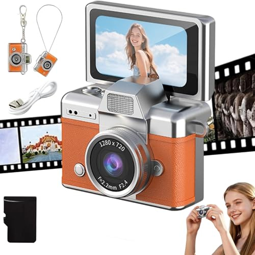 2026 New Mini Digital Camera with 1.47 in LCD Screen, Photo Creator Mini Cam Digital Camera with Built-in Flash & Flip Display, 1080P CCD Retro Camera for Travel Study Concert Daily (Orange)