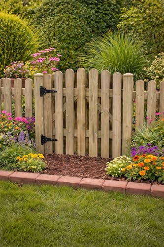 Wooden Garden Arched Picket Gate Pressure Treated Timber Pedestrian Fence Gate, Outdoor Wooden Garden Gate with Picket Design (120cm High x 99cm Wide x 5cm Deep)