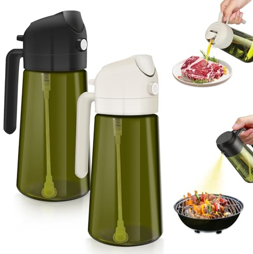 mauepersu Ölsprüher für Speiseöl 470ml, 2 Stück, Grün Glas, mit UV-Schutz | 2-in-1, Ölspray Küche & Öl Sprühflasche, Airfryer Zubehör für Heißluftfritteuse, Grillen