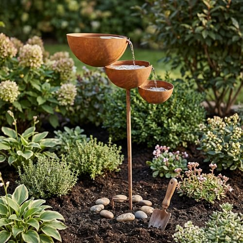 Estación de riego de Abejas y baño para pájaros para jardín, recogedor de Lluvia con estaca de Tierra de 3 Niveles, marrón Claro, 9, 1 × 24, 0 Pulgadas, Decoraciones para Fiestas