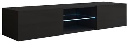 MB Muebles Bonitos, Meuble TV Mural Tibi avec Lumière LED pour Salon Moderne, Suspendu au Mur, 1 Porte 3 Compartiments, Couleur Noir, 160x30x38.5 cm