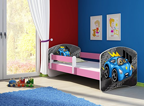 CLAMARO 'Fantasia Pink' 160 x 80 Kinderbett Set inkl. Matratze und Lattenrost, mit verstellbarem Rausfallschutz und Kantenschutzleisten, Design: 04 Rennwagen Blau