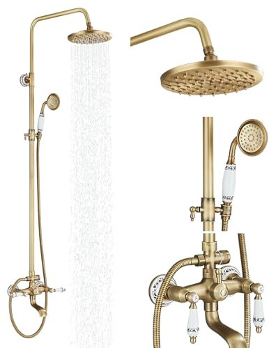 Suguword Shower System Antique Brass Shower Fitting Set Retro Gold Shower Set, Vintage Ceramic Style Rain Shower Set with 8 Inch Rain Shower, Hand Shower Head, Bath Spout