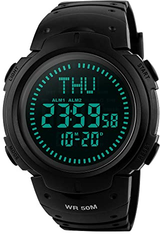 FeiWen Herren Kompass Digital Uhren Plastik Schale mit Kautschuk Band 50M Wasserdicht Outdoor Militär Sport Armbanduhren Multifunktional EL Licht Stoppuhr 3 Alarm Countdown, Schwarz