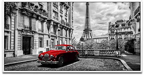 Retro rotes Auto in Paris ca. 130x70cm Wandbild inklusive Schattenfugenrahmen weiss - Panorama Leinwand Bild XXL Format Wandbilder Wohnzimmer Wohnung Deko Kunstdrucke