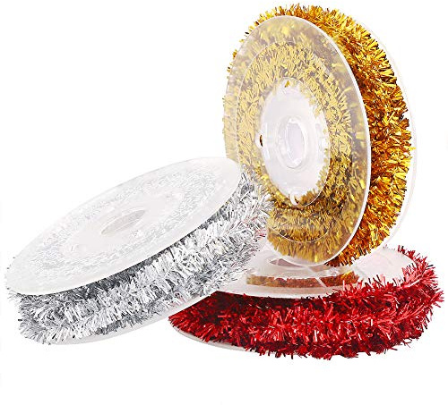 CCINEE Tinsel Wire Garland,Christmas Tinsel Ribbon with 3 Color for Xmas Tree Decoration DIY Craft,16.4ft,Pack of 3