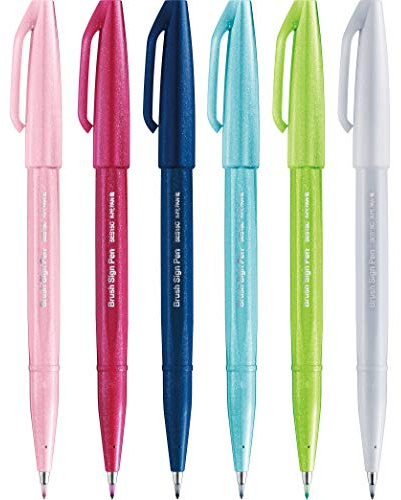 Pentel SES15C Brush Sign Pen Marker Tip Fiber Flexible New Assorted Colors 6 Pcs