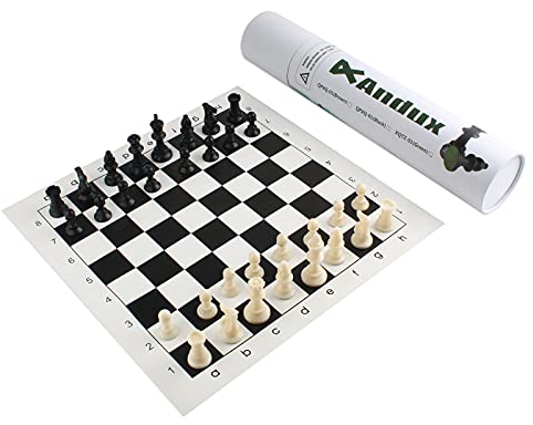 Andux Schachspielset Schachfiguren und Rollbrett QPXQ-01 (Schwarz,35x35cm)