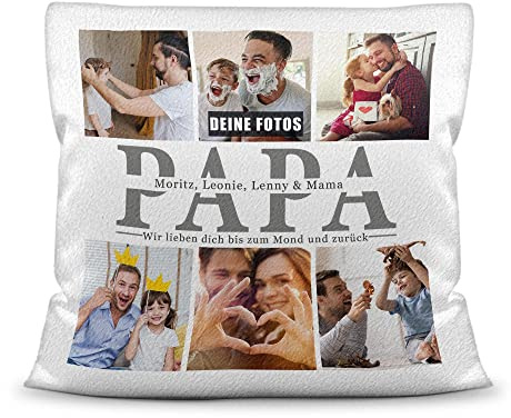 Foto-Kissen selbst gestalten - Papa wir lieben Dich - Collage mit 6 Fotos & Namen - Geschenk für den besten Papa von Kindern - inkl. Füllung, Kissen Weiß flauschig, 40x40 cm