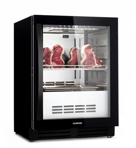 KLARSTEIN Steakhouse Réfrigérateur de Maturation Dry-Aged, Frigo 1 Zone avec Porte Vitrée, Intérieur et Extérieur, Éclairage LED, Pose Libre ou Encastrable, Plage de Température 1-25°C, 98 L