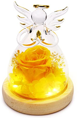 RAIKEDR Yellow Flower Rose Gift, Light Up Rose Flower in Glass Angel Figurines, Women Gifts Ideas for Mother's Day, Birthday, Anniversary On Any Occasion - 1pack(Yellow)