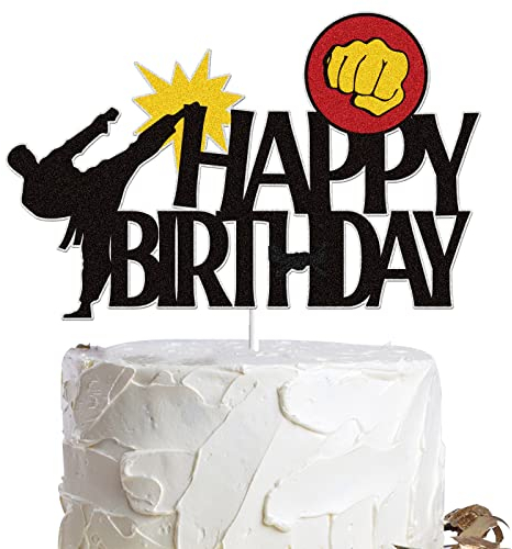 Karate Happy Birthday Cake Topper Black Glitter Kung Fu Black Belt Taekwondo Themed Party Supplies for Boys Girls Men Women