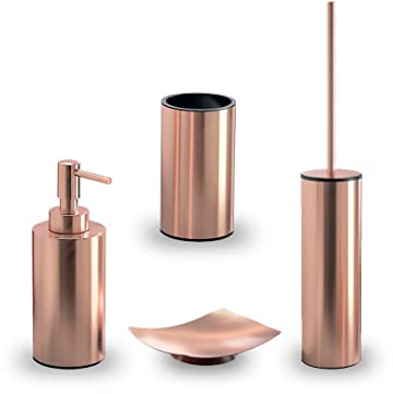 GEDY | Set Elettra 4 Pezzi, 1 Portasapone; 1 Scopino WC; 1 Dispenser Sapone e 1 Porta Spazzolino, Serie Realizzata in Acciaio Inox, Colore Oro Rosa