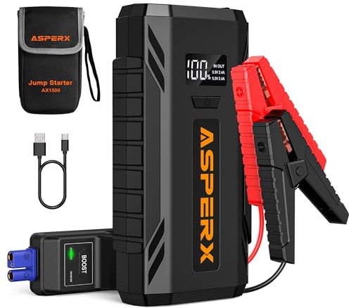ASPERX Jump Starter Power Pack(Up to 7L Gas/5.5L Diesel), Car Battery Booster Jump Starter with Jump Leads,LED Flashlight &1.4 INCH LCD Display,Jump Pack for 12V Vehicles Pickup SUV Motorcycle