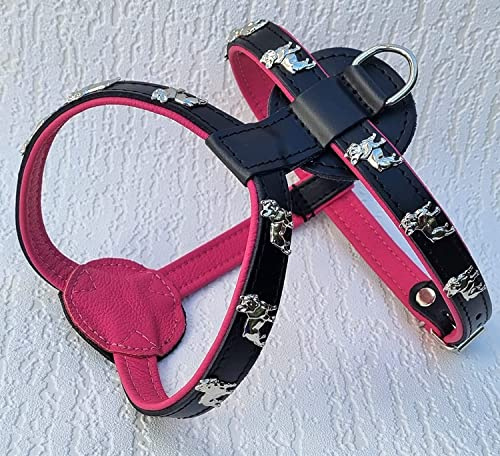 Bully Französische Bulldogge French Bulldog Frenchie Geschirr Brustgeschirr Echt Leder - 3 Verschiedene Größen Schwarz-ROSA (1. Brustkorb 43-48cm/53cm)