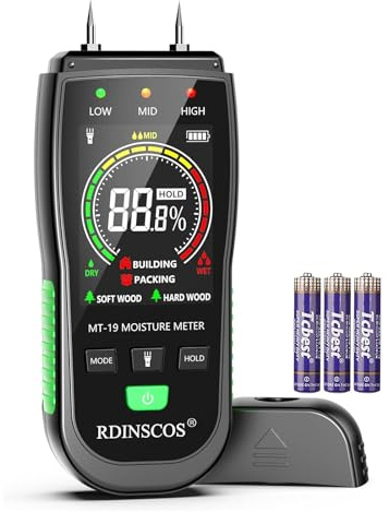 RDINSCOS Digital Moisture Meter – Wood Moisture Meter for Firewood, Drywall & Lumber | Pin-Type Moisture Detector for Woodworking, Home Inspection & Water Damage