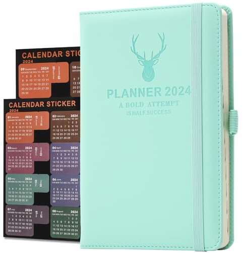 Akademischer Terminkalender 2024, Tageskalender 2024 von Januar 2024 bis Dezember 2024, Hardcover A5, Tagesplaner mit Stiftschlaufe, Lesezeichen, Monatsaufklebern, Innentasche, 14 x 21,5 cm (blau)