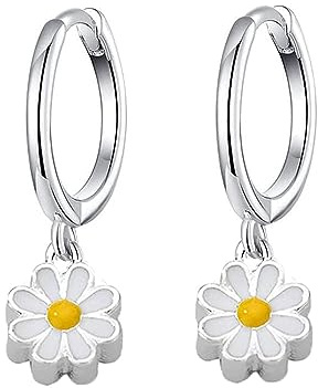 Cute Flower Hoop Earrings for Women Girl Teen Mini Small Cartilage Hoop White Enameled Daisy Flowers Dangle Drop Earring Piercing Huggie Hoops Charm Gift for Girlfriend BFF