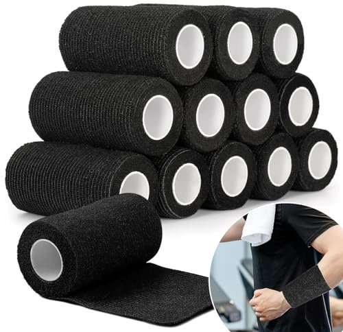 12 Selbstklebender Verband, 10cmx4.5m Selbsthaftende Bandage, Haftbandage Selbstklebend, Elastische Selbsthaftende Verband, Klebeverband Selbstklebend für Aid Pet Grooming Sport Protection(Schwarz)