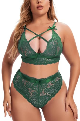 Aranmei Plus Size Lingerie for Women Lace Bra and Panties Set Sexy Strappy Bralette Underwear Outfits 2 Piece Babydoll Lingerie Sets, 30-32, New Dark Green, 4XL