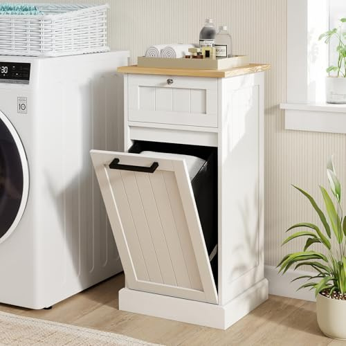 Giantex Tilt Out Laundry Hamper Cabinet, Bathroom Storage Cabinet with Drawer, Removable Laundry Basket, Bamboo Countertop, 10 Gallon Hidden Wood Laundry Cabinet (White)
