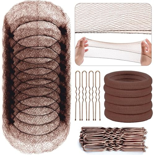Hair Net, MORGLES 30PCS Hair Nets for Buns with 30PCS U Shaped Hair Pins, Hair Bun Nets Brown Invisible for Women Men