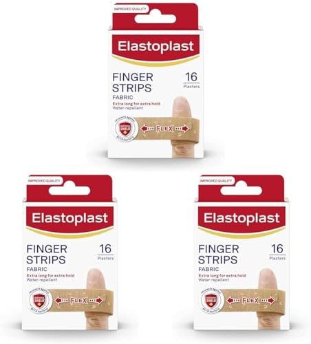 Elastoplast Extra Flexible Finger Strip Plasters (16 Plasters), Flexible and Durable Everyday Plasters for Fingers, Stretchy Fabric Plasters, Waterproof Plaster, Extra-long Plaster for Better Hold, Tan