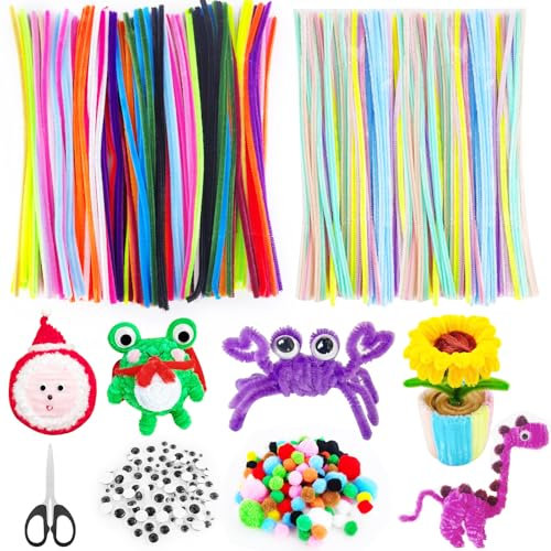 Samulee 300 Stück Pfeifenreiniger, Pfeifenputzer zum Basteln,100 Stück Wackelaugen Selbstklebend,150 Stück Haarball, für Kreative DIY Projekte und Basteldeko Drahtskulpturen