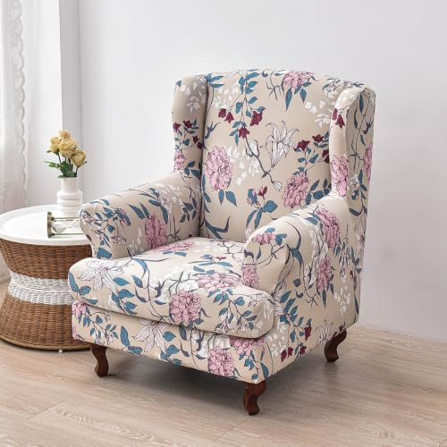 Highdi 2-Teilig Ohrensessel Überzug, Blumenmuster Sesselüberwürfe Ohrensessel Schonbezüge Bezug Elastisch Sesselhusse Sesselbezug Tiger Stuhlbezug mit Armlehne Hohe Rückenlehne (Rosa Pfingstrose)