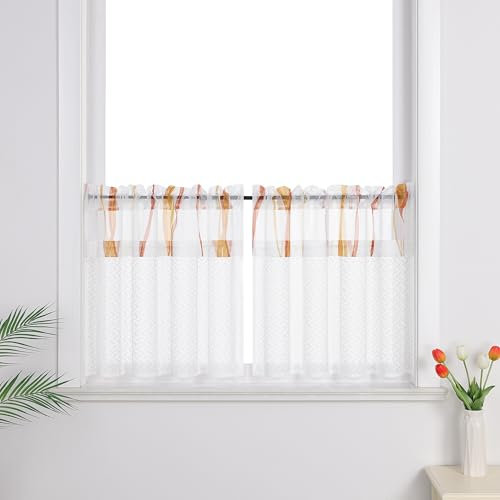 Joyswahl Scheibengardinen im Landhausstil Weiß Cáfe Gardinen Set Transparent Bistrogardinen Wohnzimmer Küchengardinen mit Spitze und Voile Orange HxB 60x145cm 2 stück