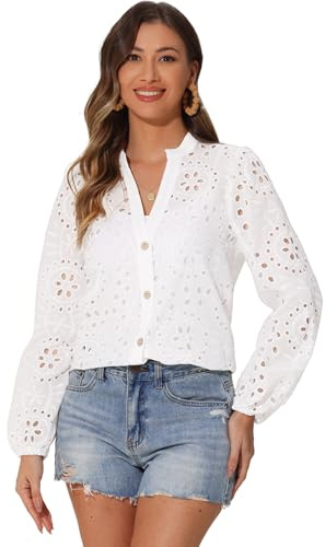 Allegra K Donna Blusa Boho con Colletto, Scollo A V, Traforata, Maniche A Sbuffo, Abbottonata Bianca M