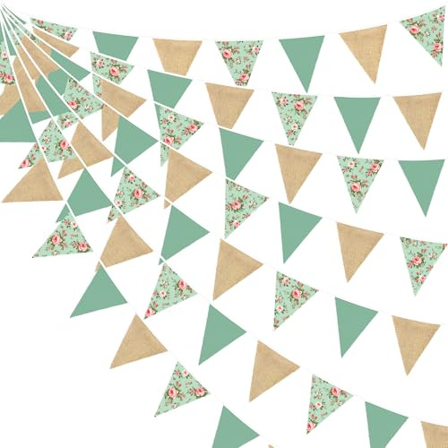 32Ft Sage Green Wildflower Flora Burlap Bunting Banner Party Decoration Flora Linen Triangle Flag Pennant Hessian Garland Streamer for Tea Party Vintage Birthday Wedding Baby Shower Picnic Decor