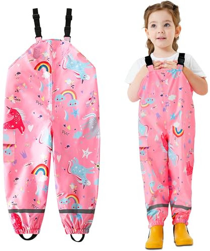 JinBei Mädchen Regenhose wasserdichte Kinder Rosa Winddicht Matschhose Regenbogen Pferd Verstellbaren Riemen Leicht mit Reflektierenden Streifen Tasche Sport Regen Hosen, 5 Jahre, GR.110-116