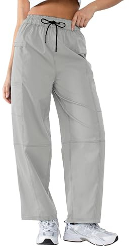 YIPINK Women’s Hiking Cargo Pants – Lightweight Wide Leg Outdoor Pants with 5 Pockets, High Waisted Drawstring Streetwear Gray