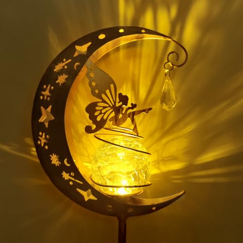 Businey Solar Lights Garden Outdoor, Fairy Solar Light Decorations, Moon Fairy Light Ornaments, Fairy Moon Light with Cracked Glass Ball, Waterproof Warm LED Light for Pathway, Lawn, Patio, Courtyard