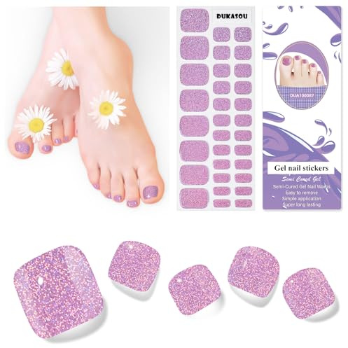 Nagelfolie UV Härtend - 32 Stück Fußnägel Zum Kleben UV Gel Nagelfolie Selbstklebend mit Jeder Nagellampe Inkl Nagelpads Nagelfeile und Holzstäbchen (Glitzerrosa)