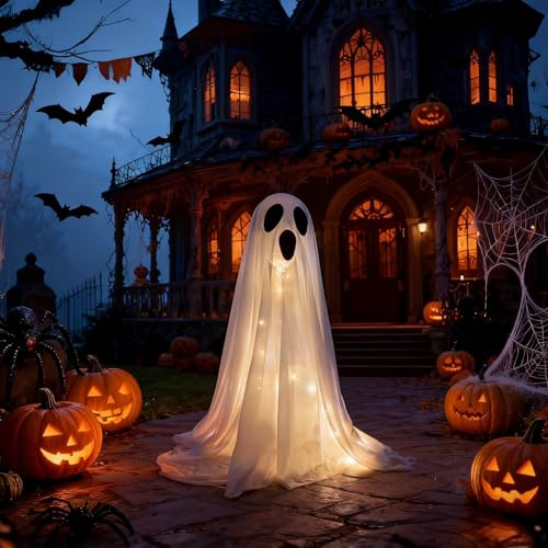 Hillylolly Halloween Deko Outdoor, Geister mit Lichterketten, LED Geister, Deko Geister, für Halloween Terrasse Karneval Baum Veranda Patio Rasen Vorgarten (Auf Position.)