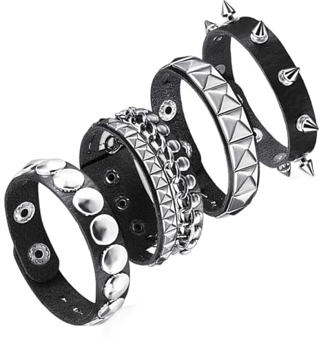 YTPAFK Giantree Punk Rock Leather Bracelets, 4 Pcs Punk Rock Studded Bracelet Spiked Leather Cuff Bracelet for Men Women 80s Wristband Adjustable Wrap Wrist Cuffs for Halloween Party Favors