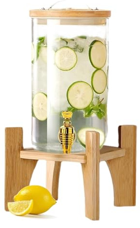 Dispensador De Bebidas de Vidrio, Botella Cristal Boca Ancha con Grifo, Tapa y Soporte de Madera para bebidas frías y calientes, fría Caliente té, jugo casero,10L