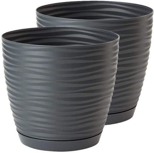 Home Garden Ornaments Plant Pots Indoor – Set of 2 Plastic Flower Pots with Saucer and Drainage Holes, Decorative 3D Wave Design (Anthracite, 13cm / 5.1 inch)