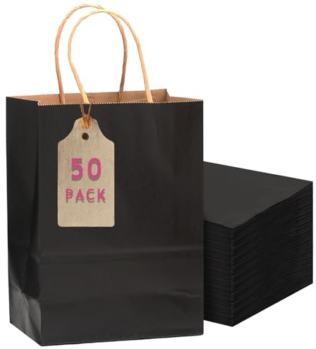 Gcardist 50 Stück Schwarz Mittlere-Geschenktüten aus Papier mit Henkeln–10.6×8.3×4.3-Tüten Partygeschenktüten für vielfältige Verwendungszwecke