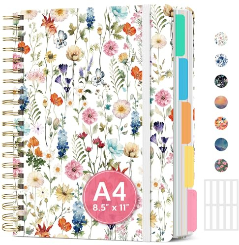 Large Spiral Lined Notebooks for Work with Removable Dividers & Tabs, 8.5x11 Pretty Hardcover 5 Subject Notebook Journal for Women, College Ruled, Perfect for Study & Office Organization, 280 Pages,Wildflowers