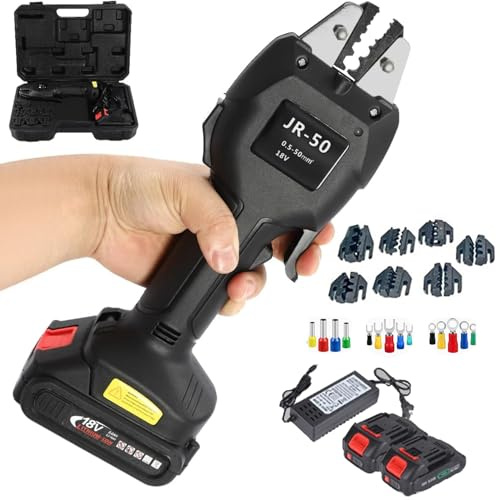 Pinza crimpatrice per capicorda elettrici, 16 KN, alimentazione a batteria, con 7 stampi per connettori preisolati, tubolari, non isolati, 1 batteria inclusa