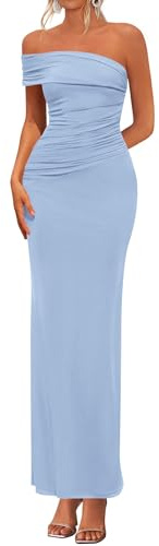 PRETTYGARDEN Women's 2026 Wedding Guest Cocktail Dresses One Off the Shoulder Ruched Bodycon Formal Maxi Party Summer Outfits (Light Blue,Large)